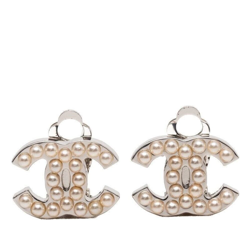 Chanel CC Logo Silver Metal Faux Pearl Clip-On Earrings